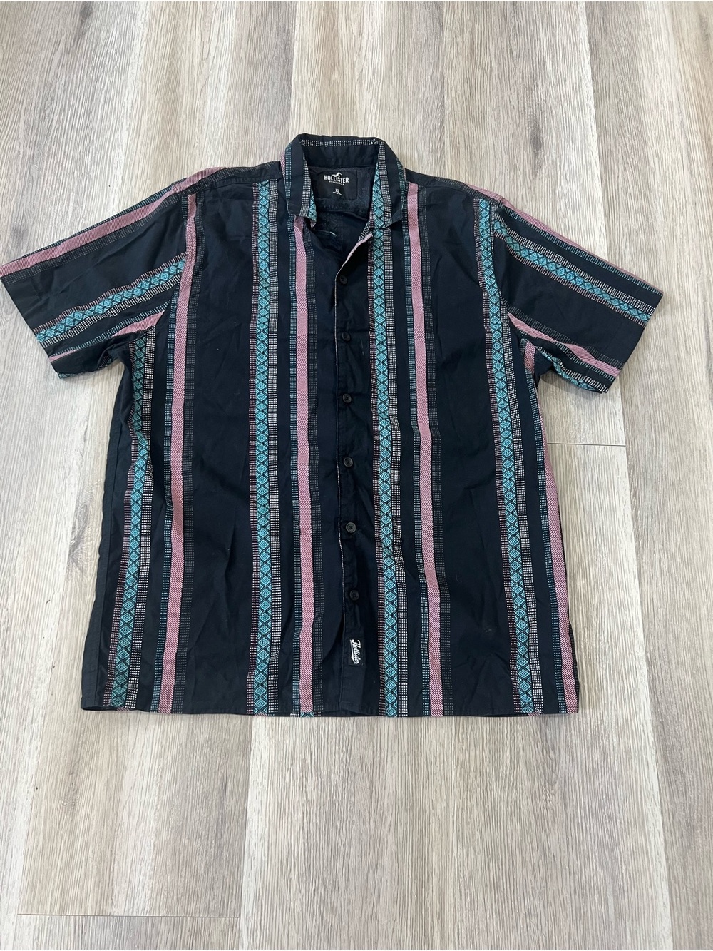 Hollister Black Short Sleeve Button-Down with Teal and Mauve Stripes